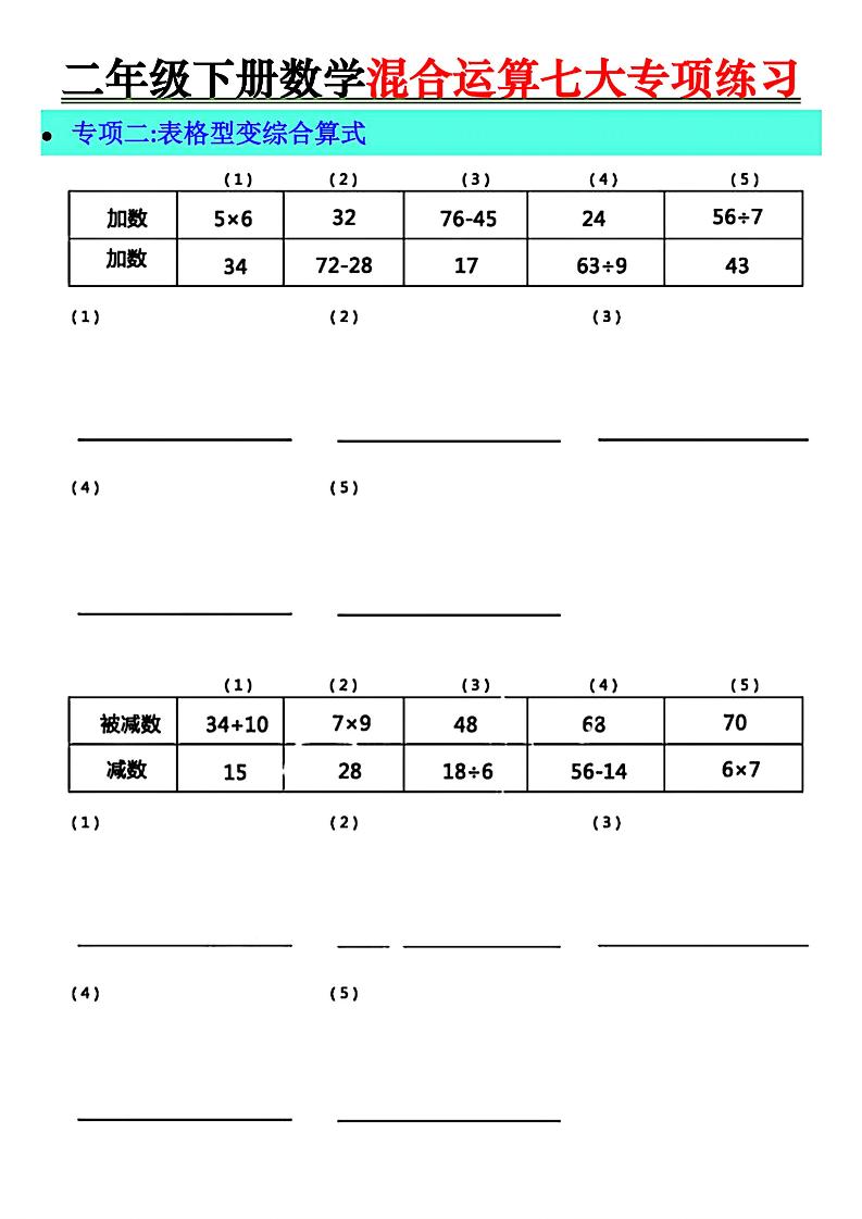 二年级下册数学混合运算七大专项练习-迦哆网创社