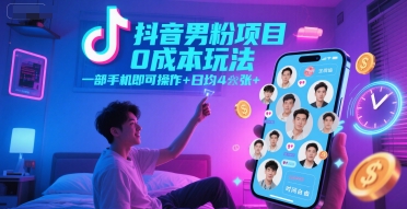 抖音男粉项目0成本玩法，一部手机即可操作，日均4张+，时间自由-迦哆网创社