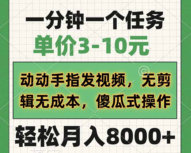 一分钟一个任务，单价3-10元，动动手指发视频，无剪辑无成本，傻瓜式操…-迦哆网创社