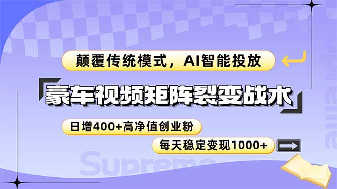 豪车视频矩阵裂变战术，颠覆传统模式，AI智能投放，日增400+高净值创业…-迦哆网创社