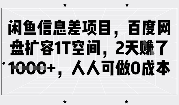 闲鱼信息差项目，百度网盘扩容1T空间，2天收益1k+，人人可做0成本-迦哆网创社
