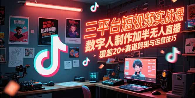三平台短视频实战课，数字人制作加半无人直播，覆盖20+赛道剪辑与运营技巧-迦哆网创社
