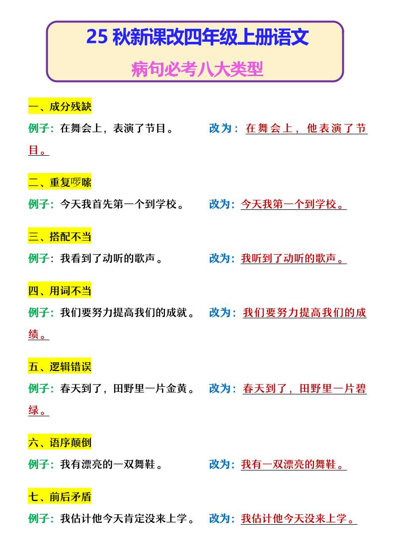 【2025秋新版】四年级上册语文病句必考八大类型-迦哆网创社