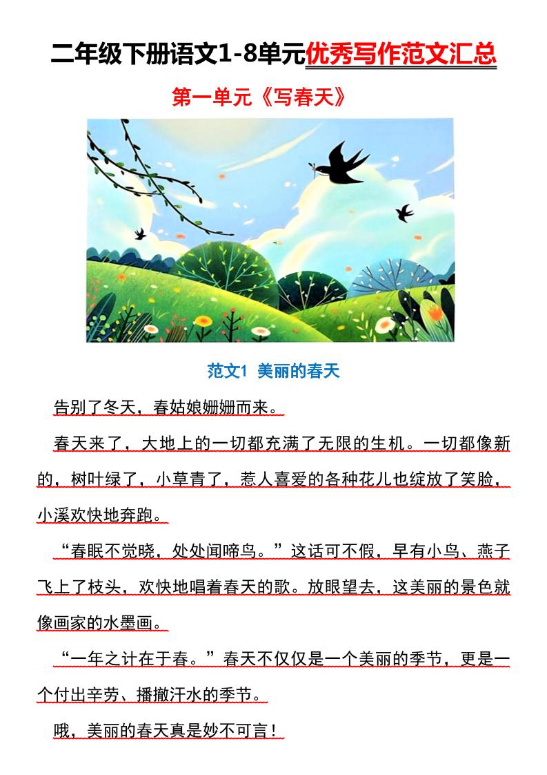 【作文】二年级下册语文1-8单元优秀写作范文汇总-迦哆网创社