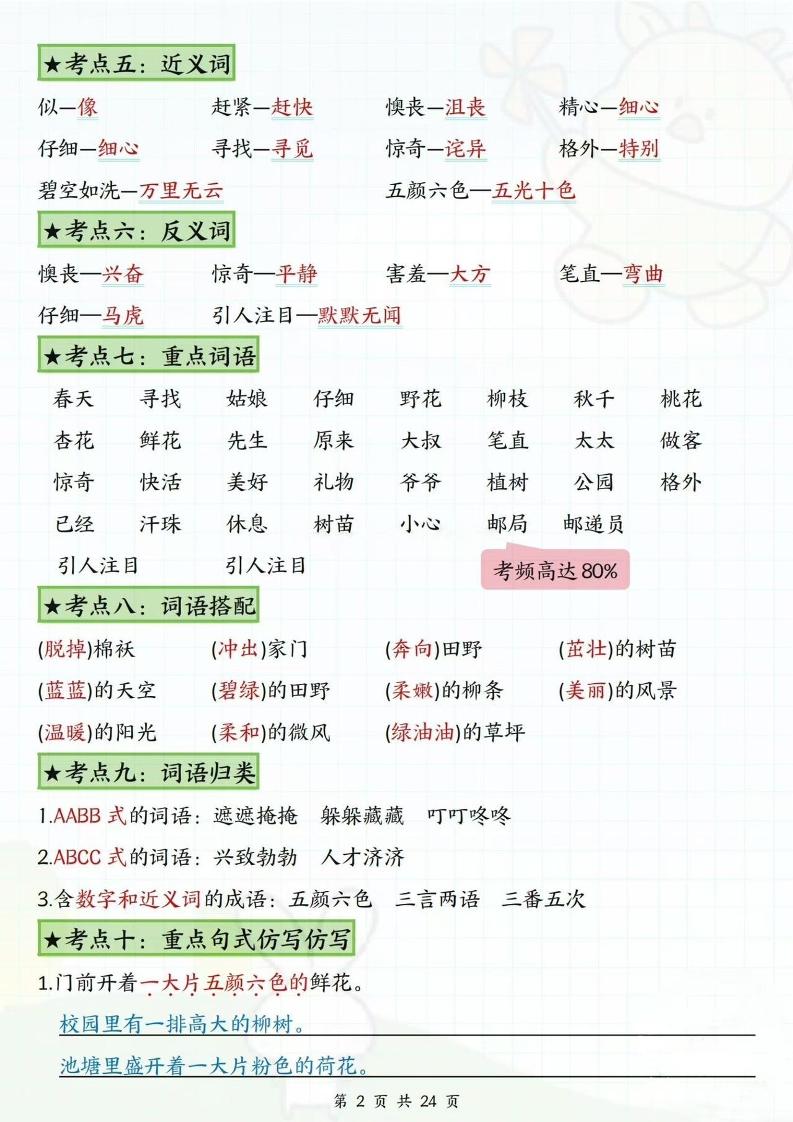 二下语文1-8单元高频考点总结（24页）-迦哆网创社