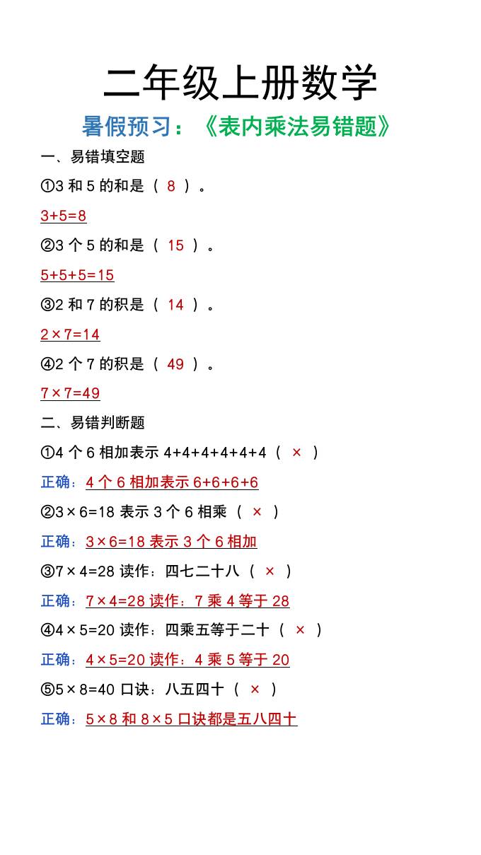 二年级上册数学暑假预习《表内乘法易错题》-迦哆网创社