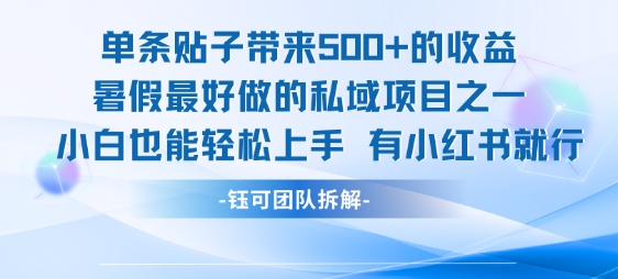 单条贴子带来5张的收益，暑假最好做的私域项目之一，小白也能轻松上手，有小红书就行-迦哆网创社
