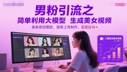 男粉引流之简单利用大模型生成美女视频，条条原创爆款，简单上传制作，变现日1k+-迦哆网创社