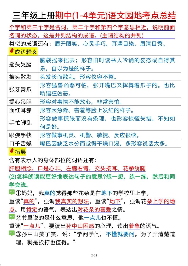 三年级上册期中(1-4单元)语文园地考点总结纯图版-迦哆网创社