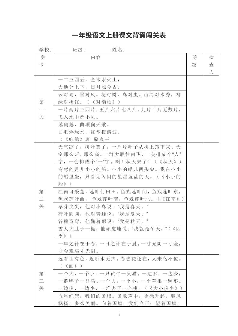 一年级上册语文背诵课文内容及闯关表-迦哆网创社