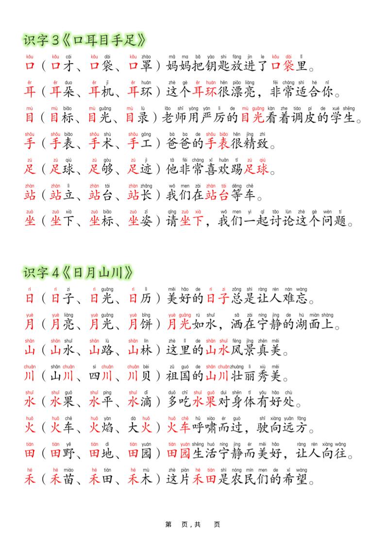 新版一年级上册语文每日晨读彩色版（生字拼音组词造句）19页-迦哆网创社