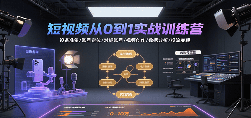 短视频从0到1实战训练营：设备准备/账号定位/对标账号/视频创作/数据分析/投流变现-迦哆网创社