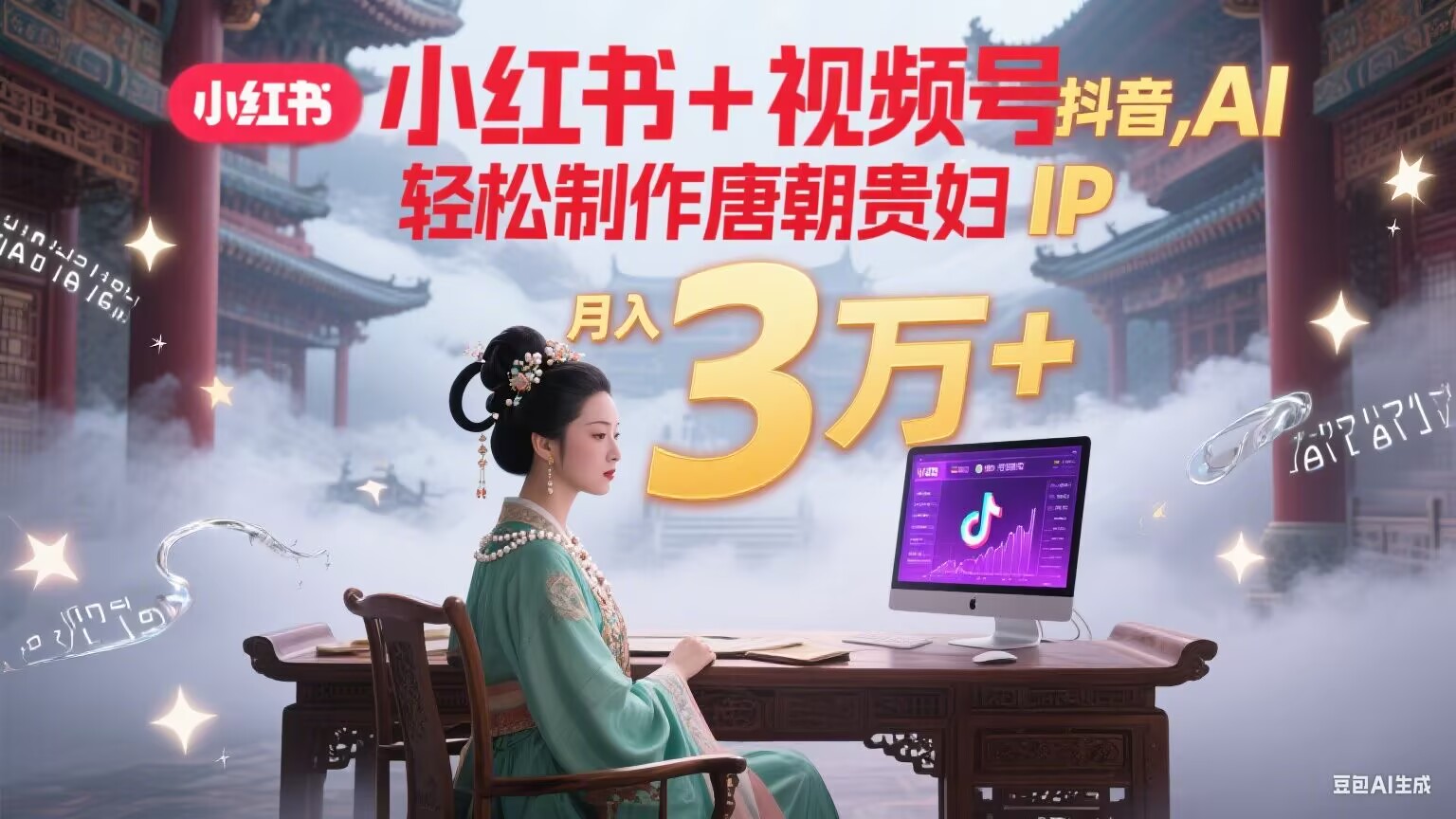 小红书+视频号+抖音，AI轻松制作唐朝贵妇IP，毒鸡汤、励志、减肥瘦身、养生赛道轻松切入，每天30分钟，轻松产出N条，月入3万+-迦哆网创社