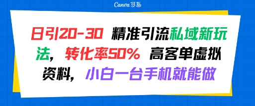 日引 20-30 精准引流私域新玩法，转化率50% 高客单虚拟资料，小白一台手机就能做-迦哆网创社