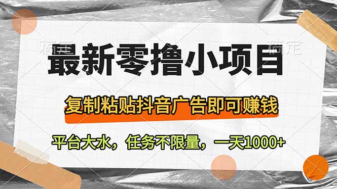 最新零撸小项目，复制粘贴抖音广告即可赚钱，平台大水，任务不限量，一…-迦哆网创社