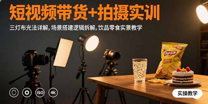 短视频带货+拍摄实训：三灯布光法详解,场景搭建逻辑拆解,饮品零食实景教学-迦哆网创社